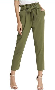 Teacher Capsule Wardrobe, Ankara Trousers, Paper Bag Waist Pants, Paperbag Pants, Waist Pants, Trouser Pants, Khaki Green, Work Pants, Amazon Fashion