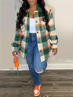 #ad Premium Quality Vibrant Plaid Print Flap Pocket Shirt Jacket - Casual Collared Outwear with Button Front, Relaxed Fit, and Soft Fabric for Spring & Fall - Women's Stylish Clothing for Everyday Wear, Women's Jeckets Early Fall Outfits Plus Size, Plus Size Plaid Outfits, Green Wardrobe, Vinter Mode Outfits, Winter Mode Outfits, Worship Team, Plaid Outfits, Trendy Fall Outfits