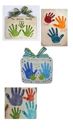 three handprints with different colors and designs are shown in the shape of a gift box