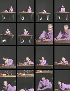 multiple shots of a man sitting at a table in front of a woman with her hands on her chest