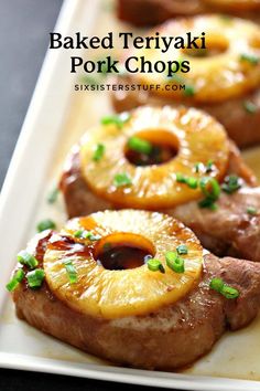 baked teriyaki pork chops with pineapple and green onions on a white plate