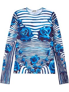 white/navy blue stretch-jersey all-over floral print stripe print crew neck long sleeves straight hem Jean Paul Gaultier Women, Latest Jeans, Buy Jeans, Striped T Shirt, Paul Gaultier, Jersey Top, Lady Dior, Jean Paul, Jean Paul Gaultier