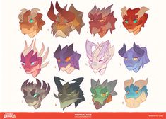 an image of some type of animal heads that are in different colors and shapes,