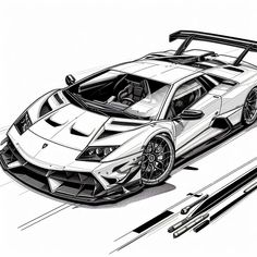 a drawing of a sports car in black and white