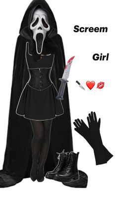 a woman in a black dress and white mask holding a knife with the words scream girl on it