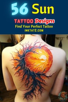 the back of a woman's body with tattoos on it and an image of a sun