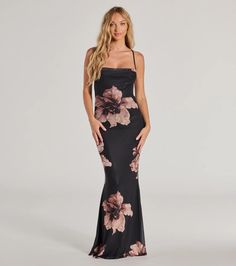 Usher in the romance with a long mesh dress that features a sleeveless cowl neckline, spaghetti straps, a floral print, a bold lace-up back design, and a mermaid silhouette. Complete your gorge fit with platform heels for the ultimate date night look!Fit & FeaturesSheer mesh fabric with knit lining, plenty of stretchFloral printSleeveless cowl necklineSpaghetti strapsLace-up back designLong mermaid silhouetteRuns true to fit Fitted Floral Print Strapless Dress For Prom, Black Fitted Floral Evening Dress, Fitted Floral Print Strapless Prom Dress, Sequin Holiday Dress, Long Mesh Dress, Black Floral Print Floor-length Gown, Orange Homecoming Dresses, Pink Floral Embellished Floor-length Evening Dress, Floral Mesh Dress