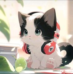 a black and white cat with headphones on