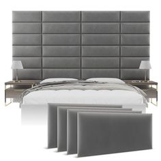 an image of a bedroom setting with bed, nightstands and night stands on the side