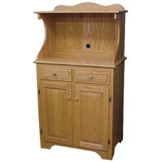 a wooden hutch with drawers and cupboards on the front, against a white background