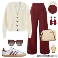 Burgundy Trousers - 10 Outfit Ideas 🐙 Here are 10 more colors that pair well with burgundy! Which is your favorite? As fall approaches it’s time to break out our sweaters. Instead of just pairing them with jeans, here’s a reminder that wide leg trousers are a more elevated option but just as comfortable! So for an elevated casual look, try pairing your sweaters with your trousers! You can still wear your sneakers with them! 😉 So save this post for style inspiration and look in your closet to... Dark Red Jeans Outfit, Red Pants Outfit Fall, Burgundy Work Pants Outfit, Burgundy Cargo Pants Outfit, Wide Leg Trousers Outfit Fall, Styling Burgundy Pants, Red Trouser Outfit Women, What To Wear With Red Shoes, Burgundy Wide Leg Pants Outfit