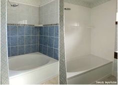 before and after pictures of a bathroom remodel with tub, shower head, and toilet