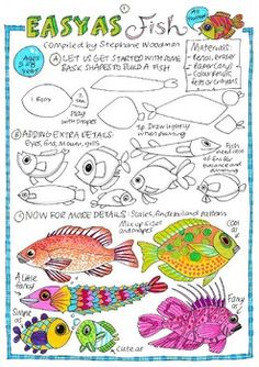 an easy fish activity sheet for kids to learn how to draw with colored pencils