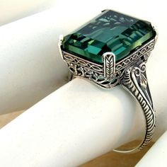 Vintage Estate 8 Carat Simulated Emerald Solitaire Filigree Ring. 925 Solid Sterling Silver. Stamped 925. Excellent Condition/Like New. Aquamarine Gold Ring, Mens Ruby Ring, Boho Rings Gold, Tsavorite Ring, Silver Crown Ring, Full Finger Rings, Big Stone Ring, Gold Heart Ring, Silver Heart Ring