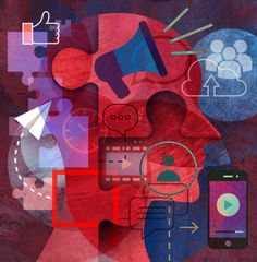 an abstract painting with many different things in the background, including a person holding a megaphone