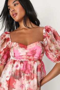 You're destined to be the cutest person in any room when you're wearing the Lulus Darling Aura Pink Multi Floral Organza Babydoll Mini Dress! Airy woven organza boasts an abstract, multicolored floral-inspired design throughout as it shapes trendy puff sleeves (with elastic at the shoulders and cuffs), a sweetheart neckline, and a seamed bodice. The high waist (with elastic at the back for fit) creates a darling babydoll silhouette, atop a flowy, skater-style mini skirt. Long sashes create a tyi Summer Organza Mini Dress With Puff Sleeves, Summer Puff Sleeve Organza Mini Dress, Pink Organza Mini Dress For Spring, Cute Spring Organza Dress, Spring Flirty Organza Dresses, Flirty Spring Organza Dress, Flirty Organza Spring Dress, Cute Organza Dress For Spring, Cute Summer Organza Dress