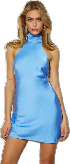 Stretch Satin Knee-length Dress, Stretch Knee-length Satin Dress, Blue Fitted Satin Mini Dress, Blue Fitted Mini Satin Dress, Fitted Blue Satin Mini Dress, Spring Satin Stretch Mini Dress, Spring Stretch Satin Mini Dress, Blue Satin Mini Dress For Night Out, Blue Silk Mini Dress For Night Out