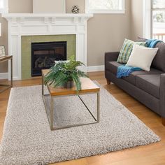 a living room with a couch, coffee table and fireplace in it's center