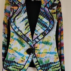 Colorful Cardigan. Never Worn. Sheer Colorful Sleeves. Chic Multicolor Summer Cardigan, Multicolor Summer Cardigan For Day Out, Summer Multicolor Cardigan For Day Out, Multicolor Long Sleeve Cardigan For Spring, Trendy Colorful Spring Cardigan, Chic Multicolor Cardigan For Day Out, Fitted Multicolor Summer Outerwear, Chic Multicolor Outerwear For Day Out, Casual Fitted Multicolor Cardigan