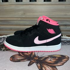 So Cute!! Worn A Couple Times. Size 7 Women 5.5 Youth. I’m Downsizing My Shoe Collection. My Shoe Collection, Jordan 1 Mid Black, Shoes Jordan 1, Womens Jordans, Pink Sneakers, Jordan 1 Mid, Sneakers Shoes, Jordan Shoes, Sneaker Head