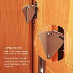 a close up of a door handle on a wooden door with instructions about how to use it