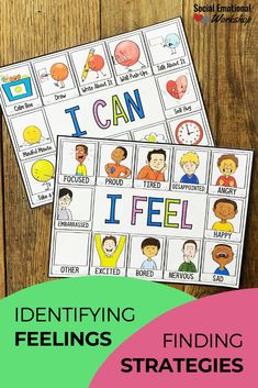 two posters with words that say i can, identifying feelings and telling them to children