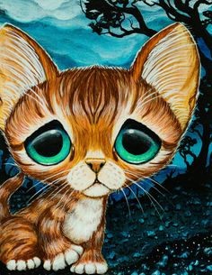 a painting of a cat with green eyes sitting in front of a tree and blue sky