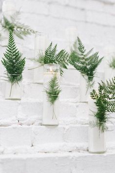 several glass vases with plants in them hanging from the side of a brick wall