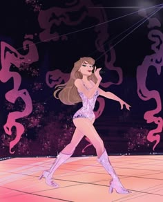 a woman in short shorts and boots on a dance floor with pink swirls behind her