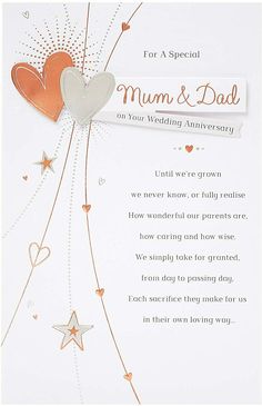 a wedding anniversary card with two hearts and stars on the front, in orange and white