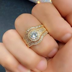 Exquisite 3Pcs Ring Set Wedding 14K Gold Zircon for Women GiftSurface Width: 15mmStyle: TRENDYShape\pattern: RoundSetting Type: Bezel SettingRings Type: Bridal SetsOccasion: WeddingMetals Type: Silver, 14k Gold platedMaterial: ZirconItem Type: RingsGender: WomenBrand Name: Genuine-Gemstone Wedding Gifts For Bridesmaids, Gold Wedding Rings, Moissanite Diamonds, Cool Items, Wedding Ring Sets, Luxury Jewelry, Ring Set, Ring Sets, Stone Color