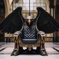 an eagle chair with black leather and gold trimmings sits in the middle of a lobby