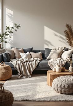 a living room filled with lots of furniture and pillows on top of a white rug