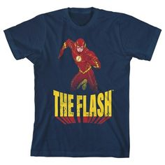 Celebrate the superspeed legend with this Flash tee. The shirt features the superhero The Flash using his superspeed to run as his name appears in tall yellow letters beneath him. The letters cast a red shadow. This tee comes in a navy blue short sleeve crew neck. Bring this t-shirt home to your young Flash fans today. Superhero Short Sleeve T-shirt With Character Print, Fandom Short Sleeve T-shirt With Logo Print, Red Superhero Short Sleeve T-shirt, Superhero Pre-shrunk T-shirt For Fan Conventions, Pre-shrunk Superhero T-shirt For Fan Conventions, Superhero T-shirt For Fan Conventions, Superhero Letter Print T-shirt, Superhero Character Print Short Sleeve T-shirt, Superhero Short Sleeve T-shirt With Letter Print