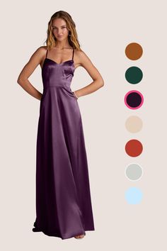 a woman in a long purple dress standing with her hands on her hips and the color swatches behind her