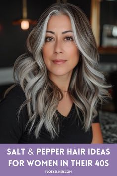 Hair To Blend Grey, Salt And Pepper Money Piece Hair, Transition From Blonde To Grey Hair, Black And White Hair Highlights, Hide Greys With Highlights, Grey Hair In 40s, Blending White Hair, Highlights On Grey Hair, Colouring Grey Hair