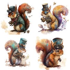 four different pictures of a squirrel wearing top hats and holding a nut in its paws