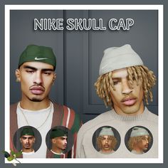 two young men wearing hats and sweaters with the words nike skull cap on them