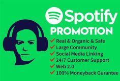 a woman with headphones on and the words spotify promotion above her is a green background