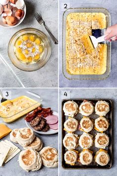 four pictures showing the steps to make an egg tart with cheese and other ingredients