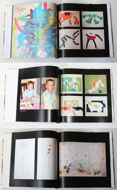 an open book with children's drawings and pictures on the pages that are in it