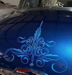 a close up of the hood of a car with decorative designs on it's side