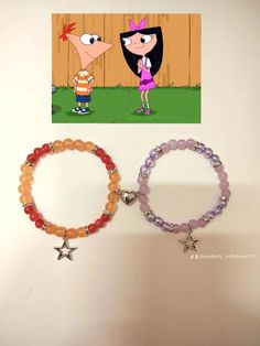 two bracelets with cartoon characters on them