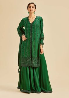 Nitika Gujral-Bottle Green Velvet Sharara Set-INDIASPOPUP.COM Velvet Sharara, Applique Kurta, Velvet Applique, Georgette Sharara, Designing Clothes, Blouse Yoke, Kurta Sharara Set, Sharara Suits, Kurta Sharara