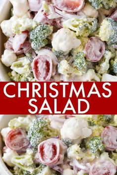 this christmas salad is loaded with broccoli, cauliflower and red onions