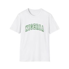 Represent NIGERIA with this collegiate university style t-shirt! Take a look at our size guide to ensure the perfect fit! Choose your favorite color option! The unisex soft-style t-shirt puts a new spin on casual comfort. This tee is 100% cotton for solid colors. Heather colors and sports grey include polyester. The shoulders have twill tape for improved durability. There are no side seams. The collar is made with ribbed knitting to prevent curling damage. Collegiate Pre-shrunk T-shirt For Campus, Casual Short Sleeve T-shirt With University Logo, Pre-shrunk Varsity T-shirt For Streetwear, Varsity Pre-shrunk Streetwear T-shirt, Sporty University Logo T-shirt With Crew Neck, Crew Neck Slogan T-shirt For College, Campus Graphic Tee With Graphic Print, College Style Letter Print T-shirt For Streetwear, Campus Style Graphic Tee With Graphic Print