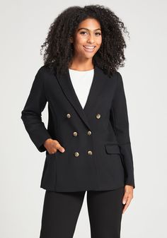 Breeze through your workday in the Double-Breasted Blazer, where fashion meets function. Enjoy the comfort of 4-way stretch fabric, the convenience of wrinkle resistance, and the utility of two pockets. Of course, they match back perfectly to your favorite Dress Pant Yoga Pants. Relaxed, boxy fit through chest, waist and hips. Featuring two functional welt pockets, 6-button placket detail, and a vent at the back hem. 28 inches from top of shoulder to hem, 24-inch sleeves (size small). Model wear Versatile Stretch Outerwear For Work, Casual Outerwear For Work, Bust A Move, Ponte Fabric, Blazer Black, Breasted Blazer, 4 Way Stretch Fabric, Double Breasted Blazer, Dress Pant