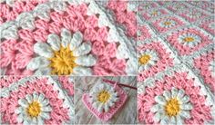 crocheted blanket with white and pink flowers on it, along with two photos of the same pattern