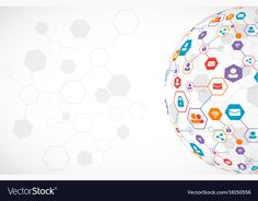 an abstract globe with colorful social icons on the side and hexagonal shapes in the background