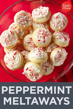 peppermint meltaways on a red plate with text overlay